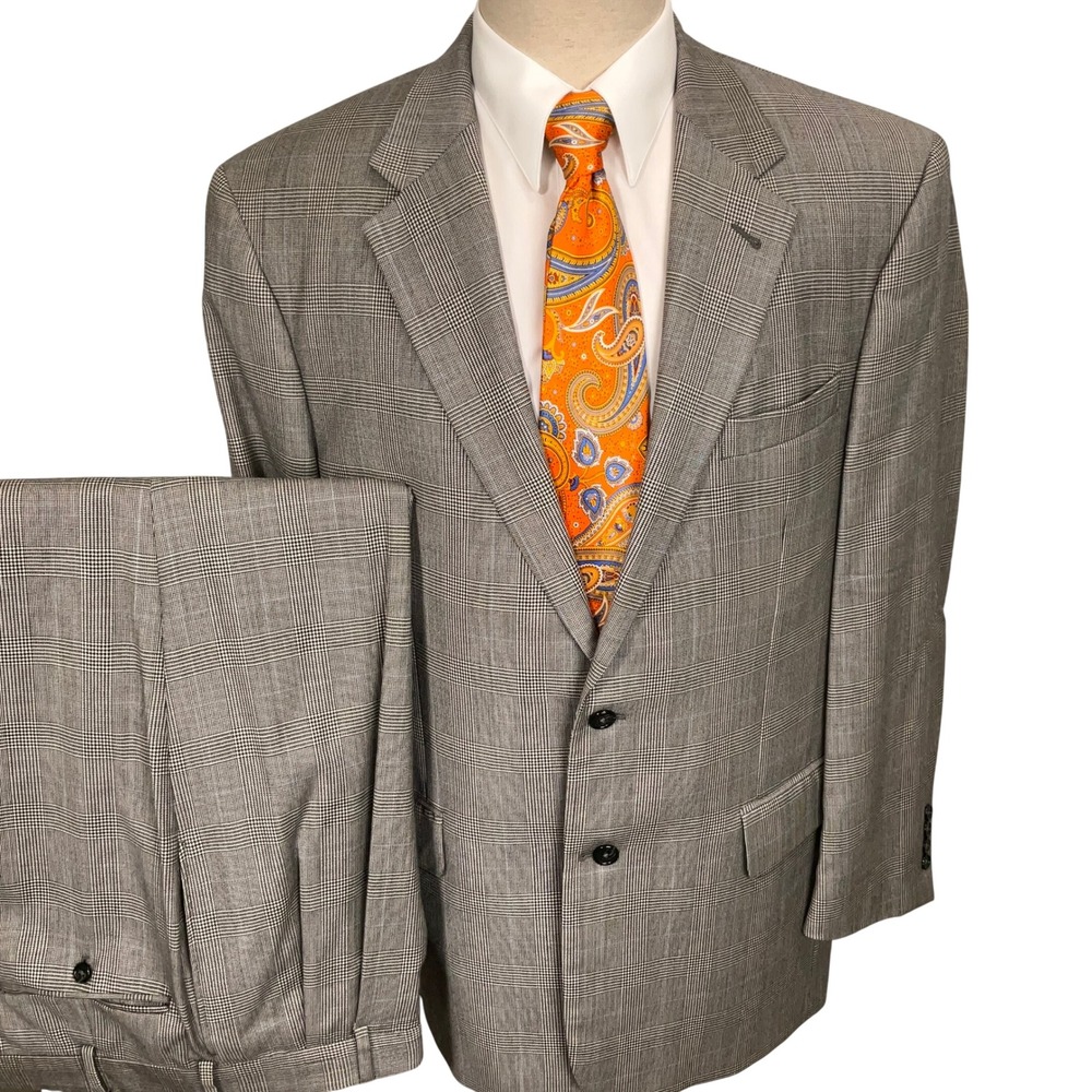 Joseph Abboud Suit Mens 44R Black White Glen Plaid Wool 2-Pc Wool